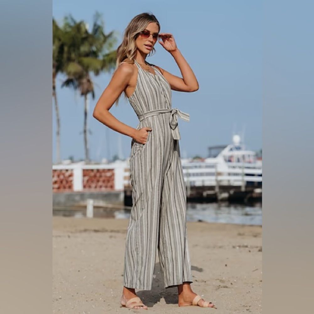 MIMI CHICA L Linen Blend TIE UP shoulder Striped Wide Leg Slit Leg Jumper